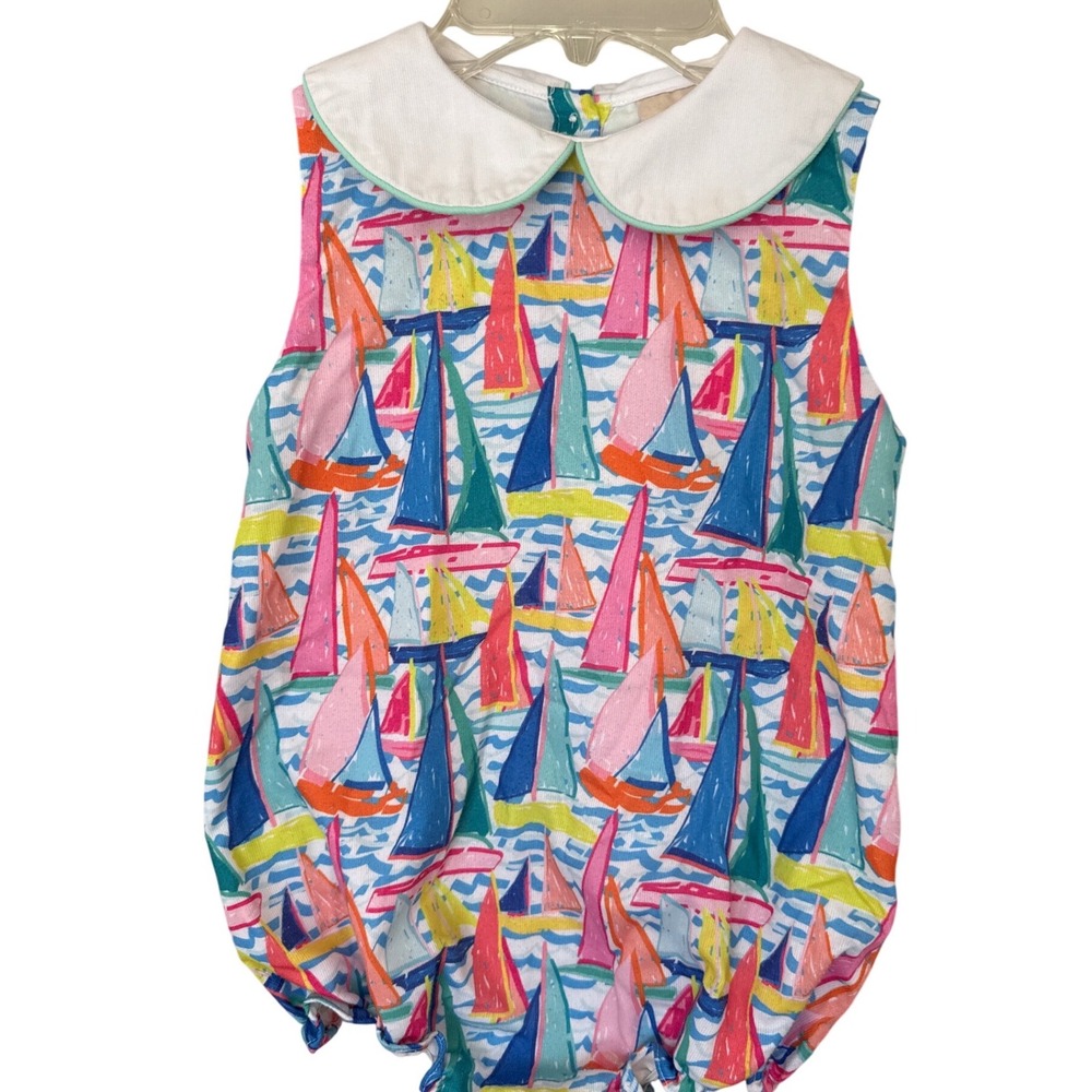 Smockingbird brand sailboat shortall romper colorful sailboat peter pan collar 3